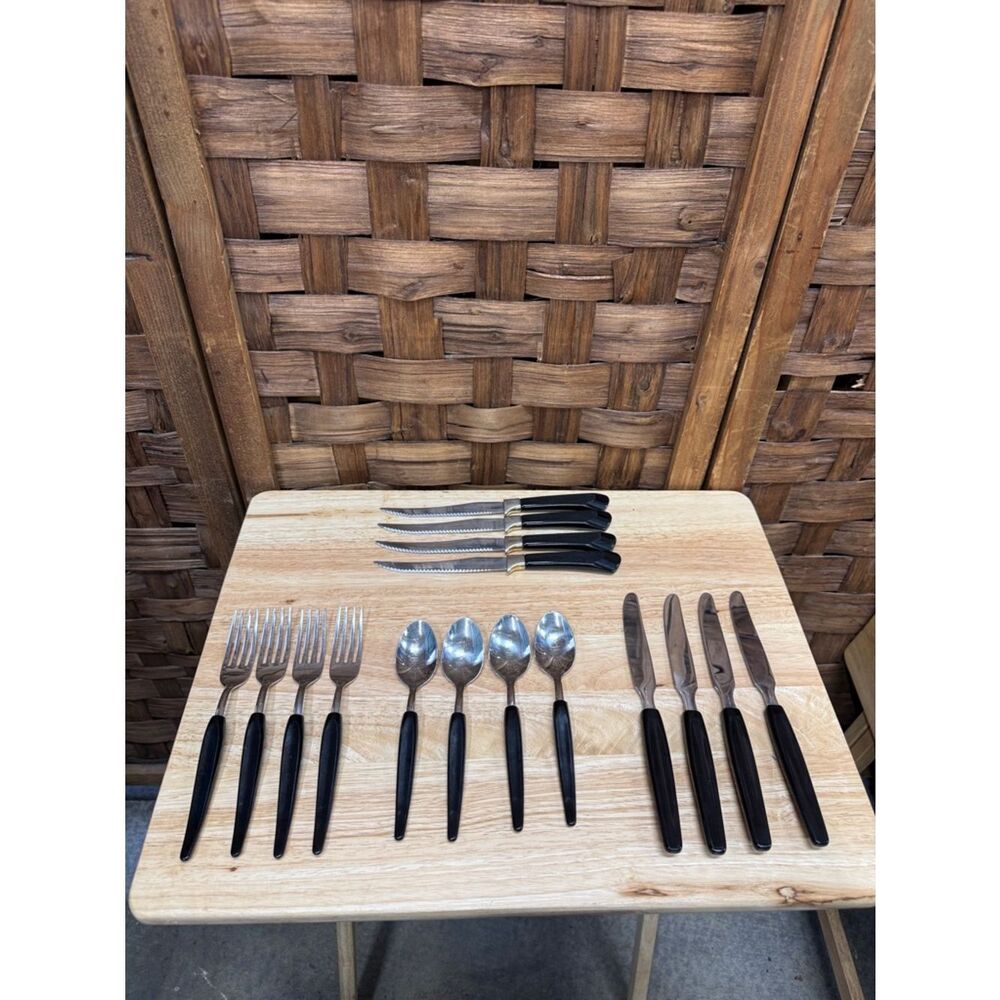 Vintage International Black Handle Stainless Steel Flatware Set - 16 Piece